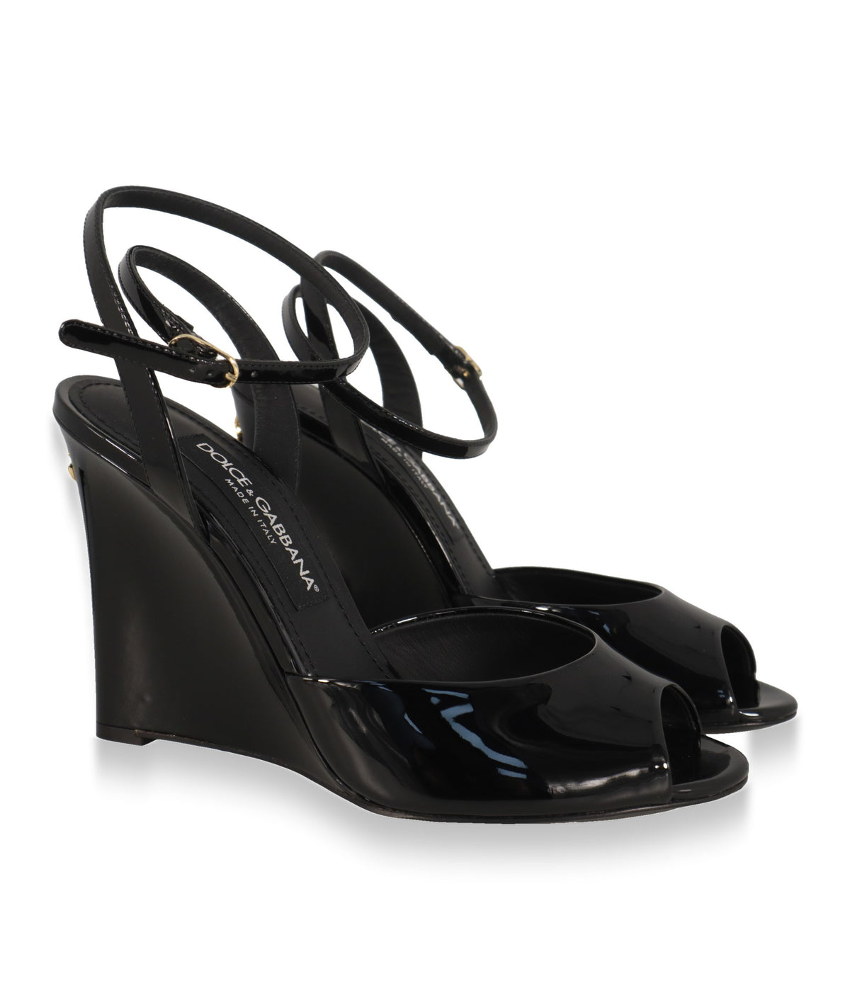 Dolce & Gabbana Sandaletten in Schwarz mit Knöchelriemen und goldfarbener Schnalle, Paaransicht