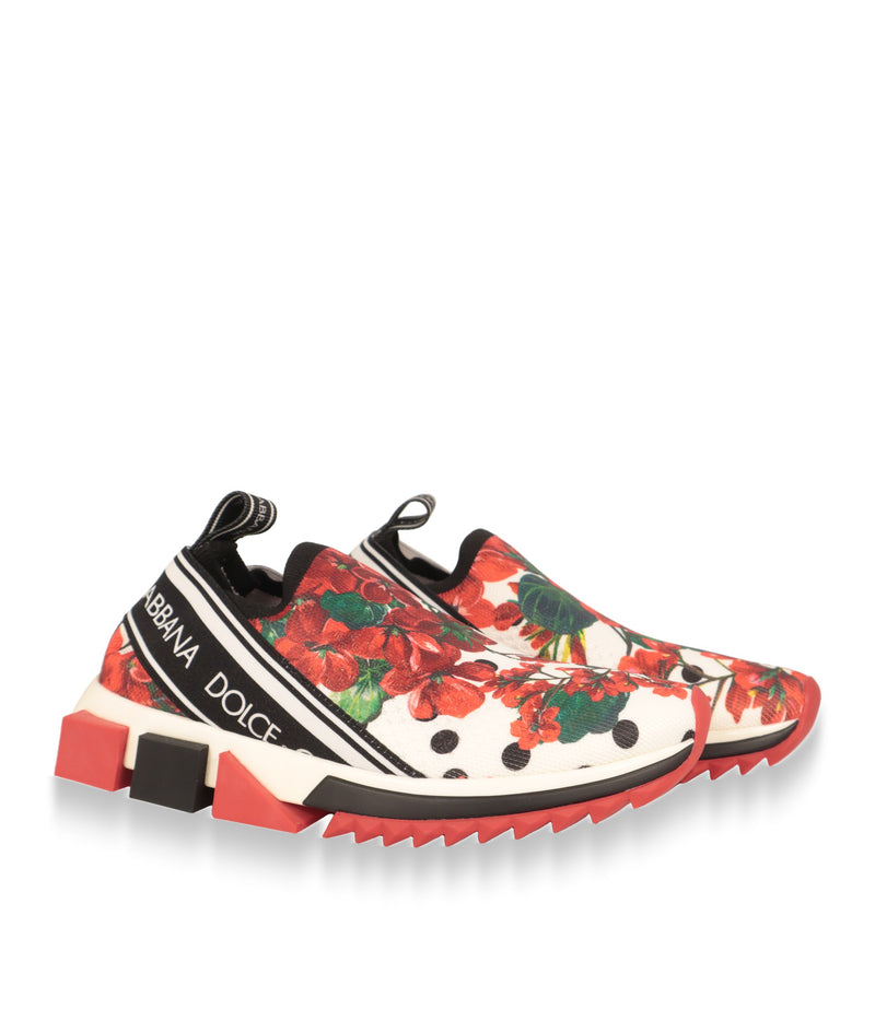 Dolce & Gabbana Damen Sneaker mit Blumenmuster und roter Profilsohle, Paaransicht schräg
