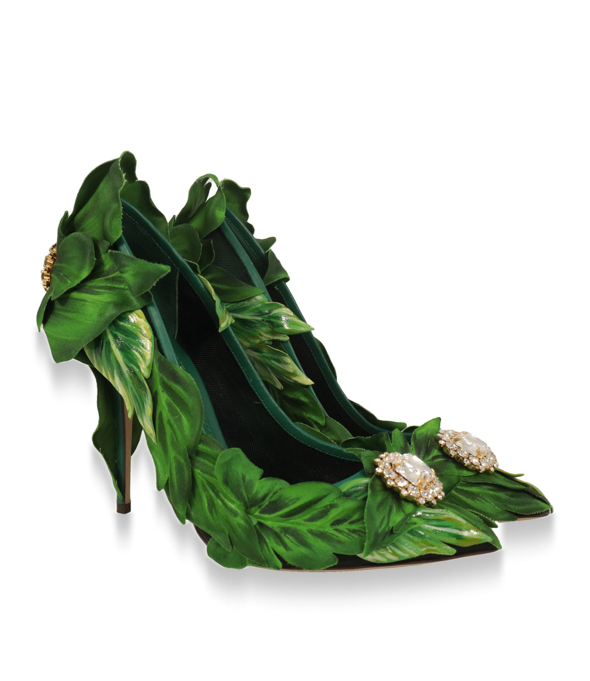 Dolce & Gabbana Damenschuhe grün mit Kristallbroschen an der Spitze, Paaransicht