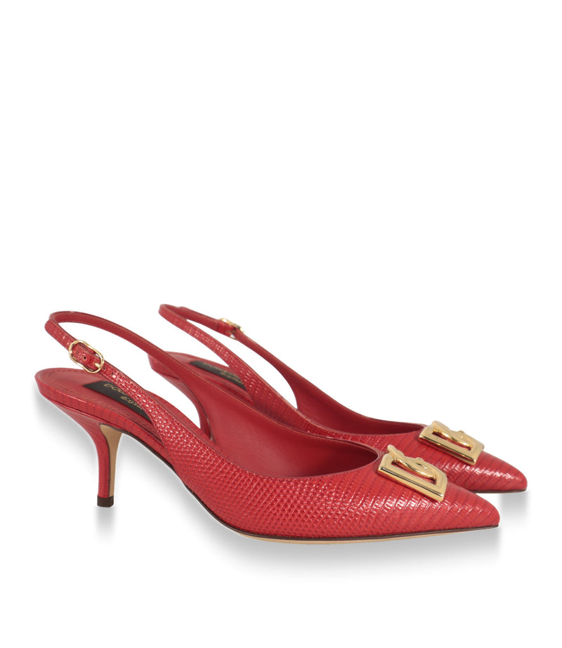 Rote Dolce & Gabbana Slingback Pumps als Paar mit goldfarbenem DG-Logo