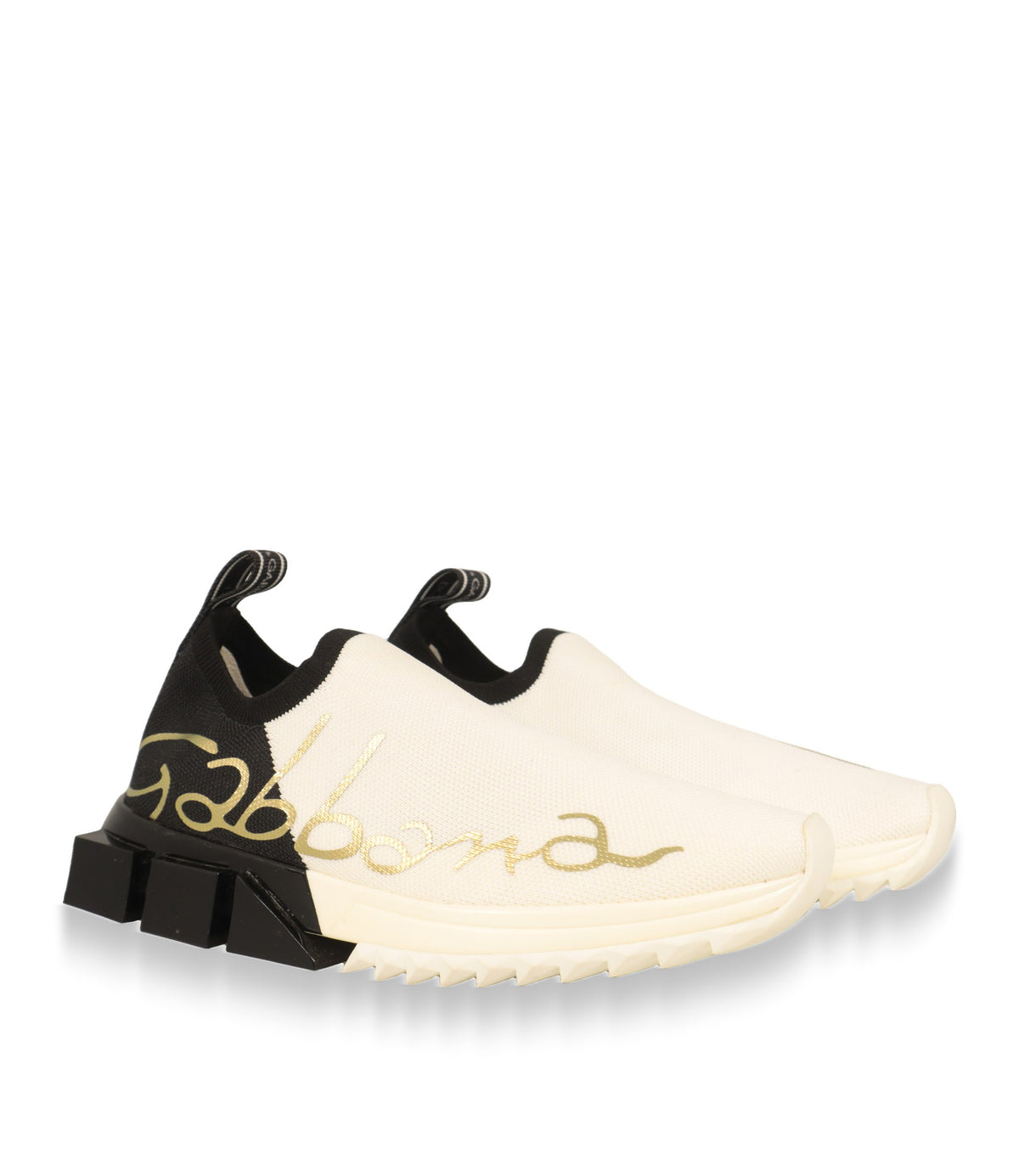 Dolce & Gabbana Damen Sneaker aus Strick in Weiß-Schwarz, Paar in Dreiviertelansicht