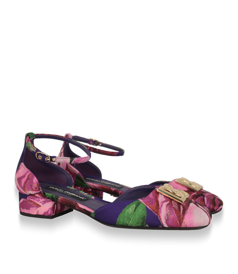 Dolce & Gabbana Mary Jane Schuhe Paar in Violett und Pink, Schrägansicht mit Blockabsatz