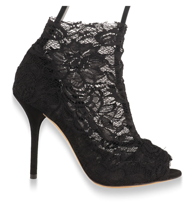 Schwarze Spitzen-Stiefeletten von Dolce & Gabbana mit offener Spitze und hohem Absatz