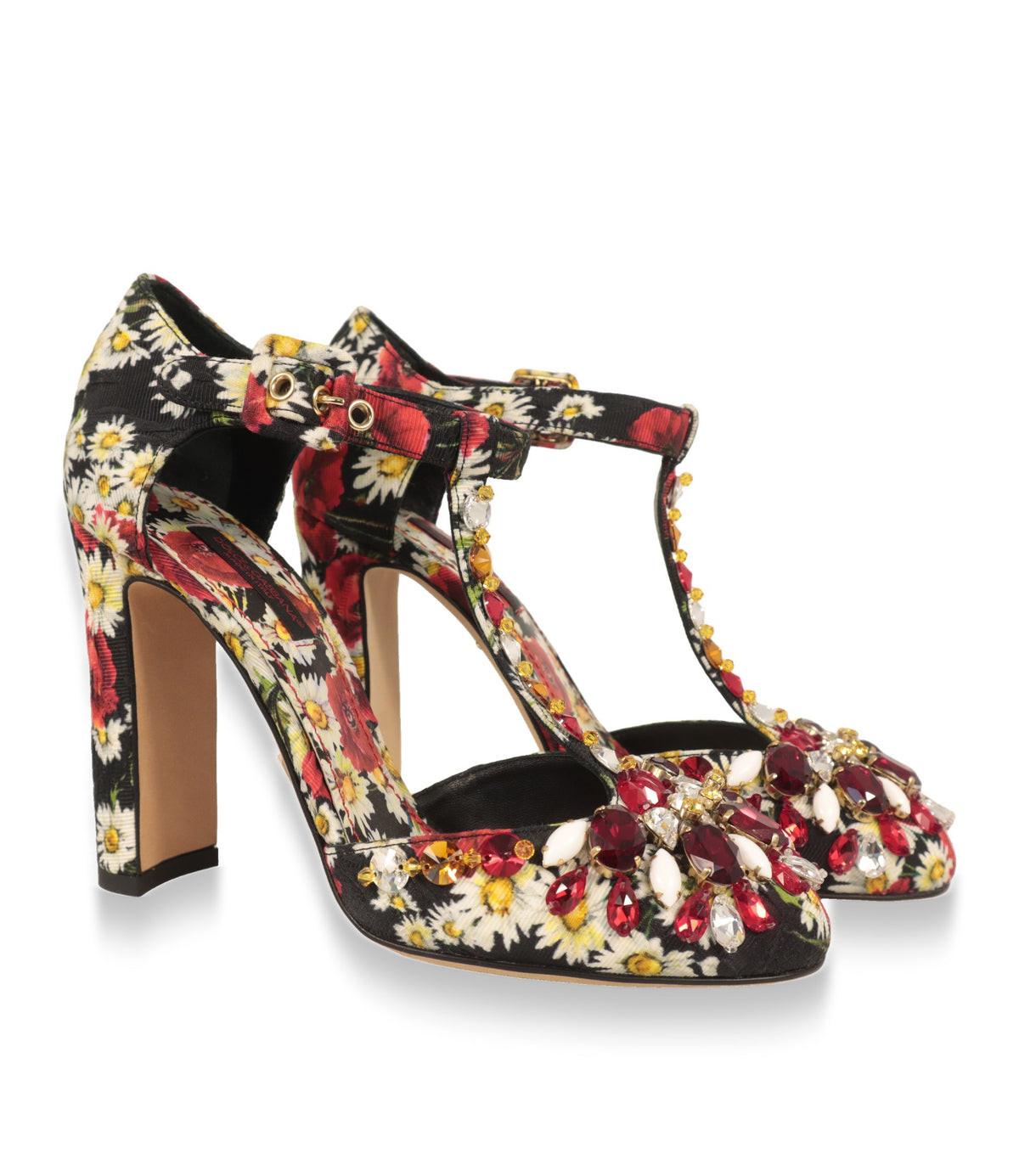 Dolce & Gabbana Damenschuhe mit T-Steg und roten Kristallen im Paar von vorn