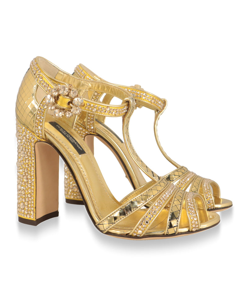 Dolce & Gabbana Sandaletten Gold mit T-Steg und Strassabsatz, Paaransicht schräg