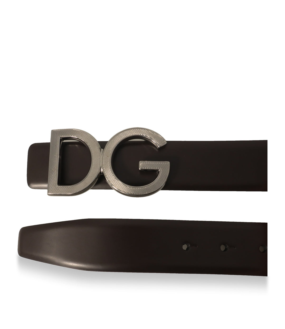 Detailaufnahme der DG-Logoschnalle und des Lederbands mit Dornlochung des Dolce & Gabbana Gürtels