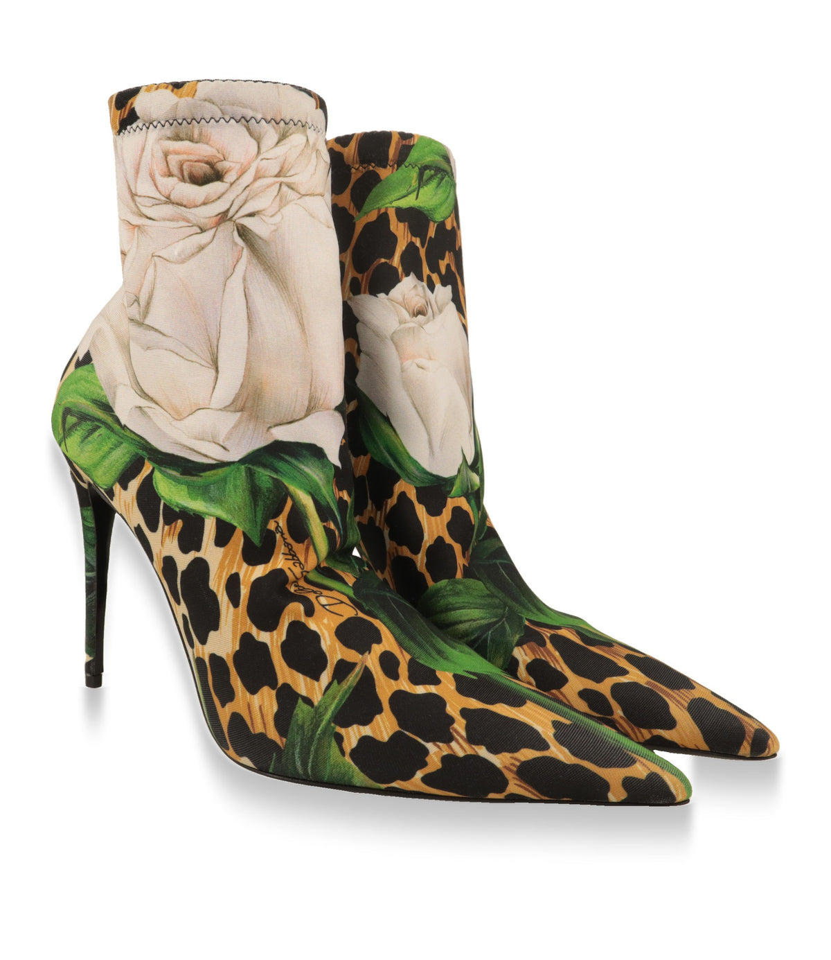 Dolce & Gabbana Stiefeletten Paar mit Stiletto-Absatz, Rosen- und Leopardendruck, Dreiviertelansicht