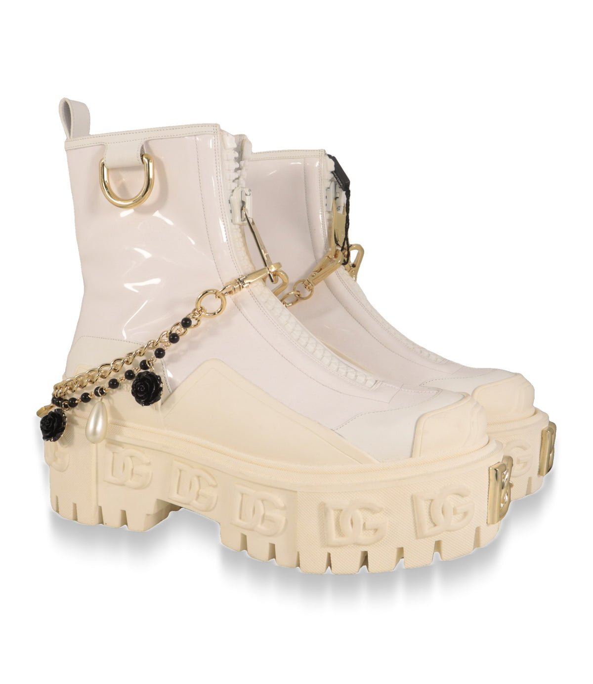 Dolce & Gabbana Damen Boots Weiß mit Frontreißverschluss und Perlen-Rosen-Kette, Schrägansicht