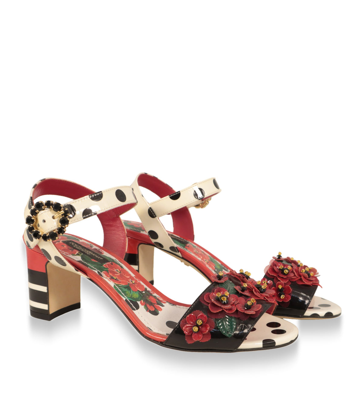 Dolce & Gabbana Sandaletten Paar mit roten Blütenapplikationen und Polka-Dot-Knöchelriemen