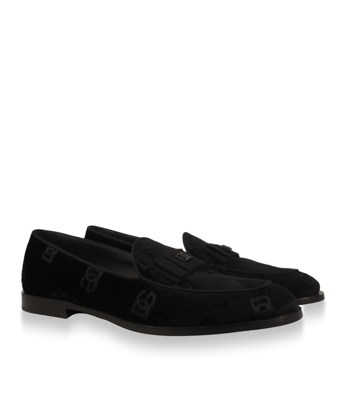 Dolce & Gabbana Slipper aus Samt in Schwarz, Paaransicht schräg von vorn