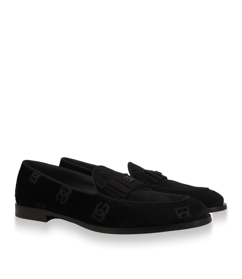 Dolce & Gabbana Slipper aus Samt in Schwarz, Paaransicht schräg von vorn