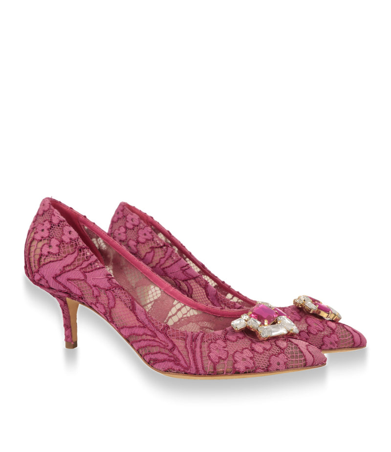Dolce & Gabbana Damenschuhe Paar: Spitzen-Pumps in Pink mit Kristallbrosche