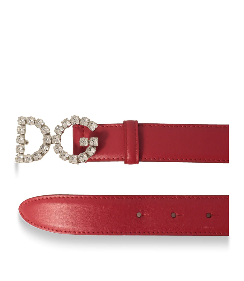 Dolce & Gabbana Ledergürtel Rot geöffnet mit Kristallschnalle und Lochung im Detail