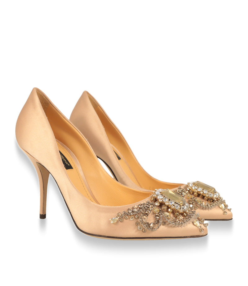 Dolce & Gabbana Pumps Paar in Nude-Satin mit Kristallbesatz an der Spitze