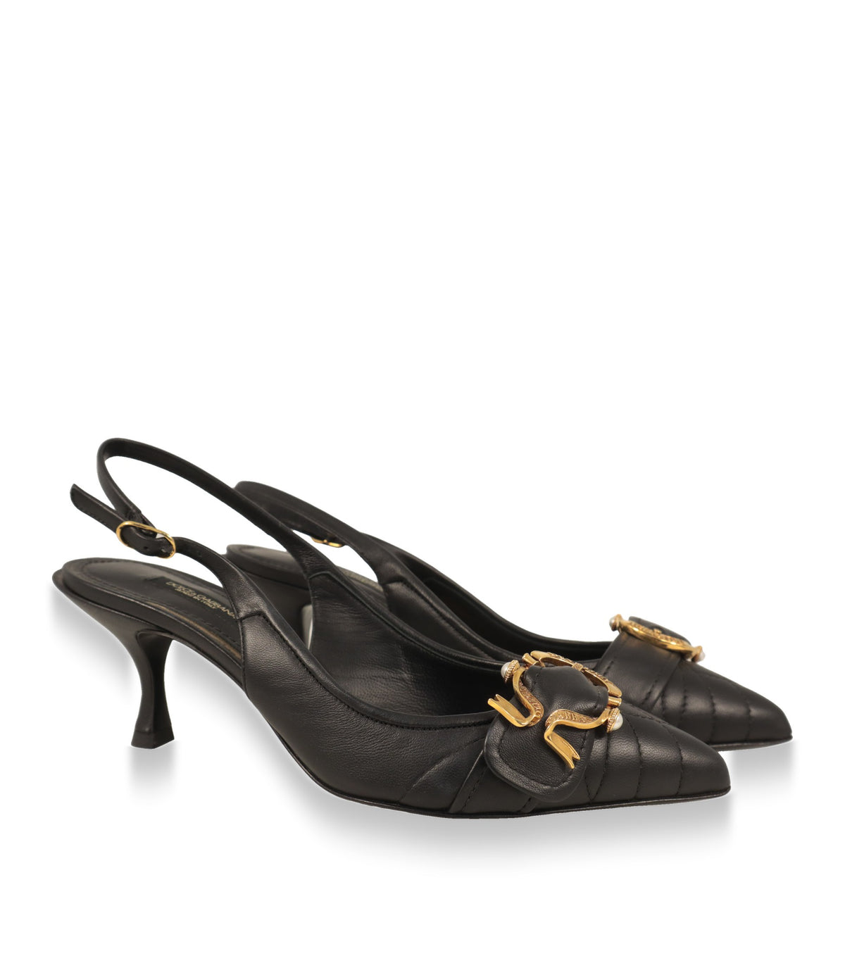Schwarze Dolce & Gabbana Slingback Pumps im Paar mit goldfarbener Zierschnalle und Perlendetail