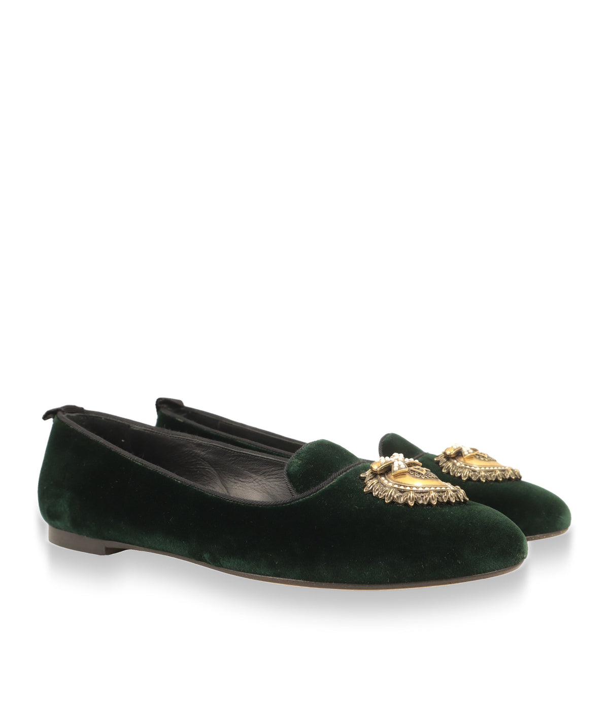 Dolce & Gabbana Damen Slipper Paar in Grün mit goldener Devotion-Brosche