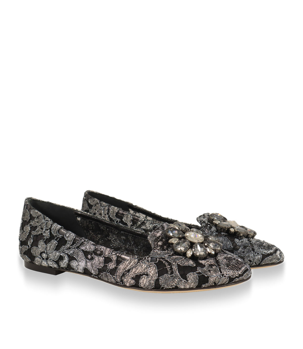 Dolce & Gabbana Damenschuhe aus Taormina-Spitze mit Kristallbrosche, Paaransicht schräg