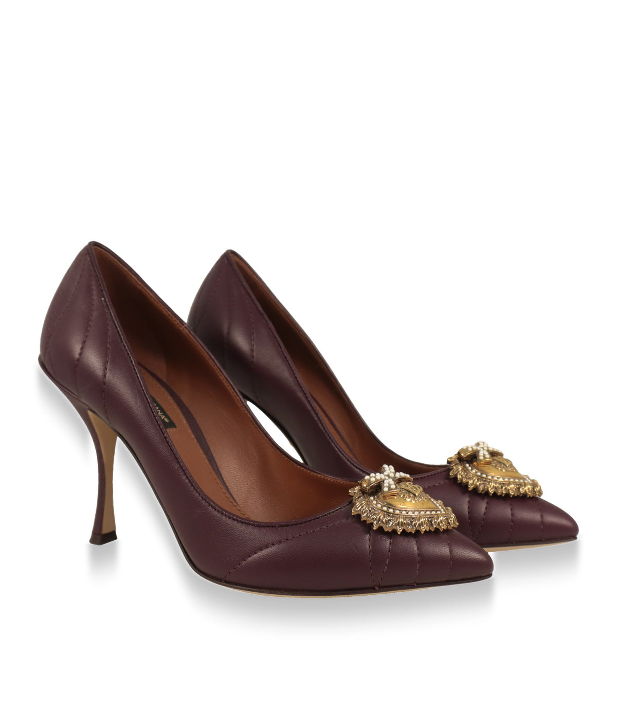 Dolce & Gabbana Damen Pumps Paar in Dunkellila mit goldenem Devotion-Herz