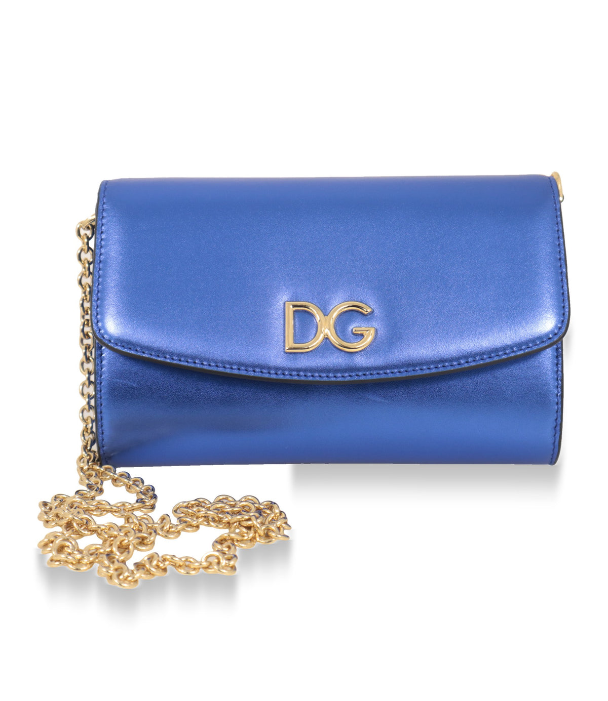 Dolce & Gabbana Crossbody-Tasche blau metallic mit goldfarbener Gliederkette