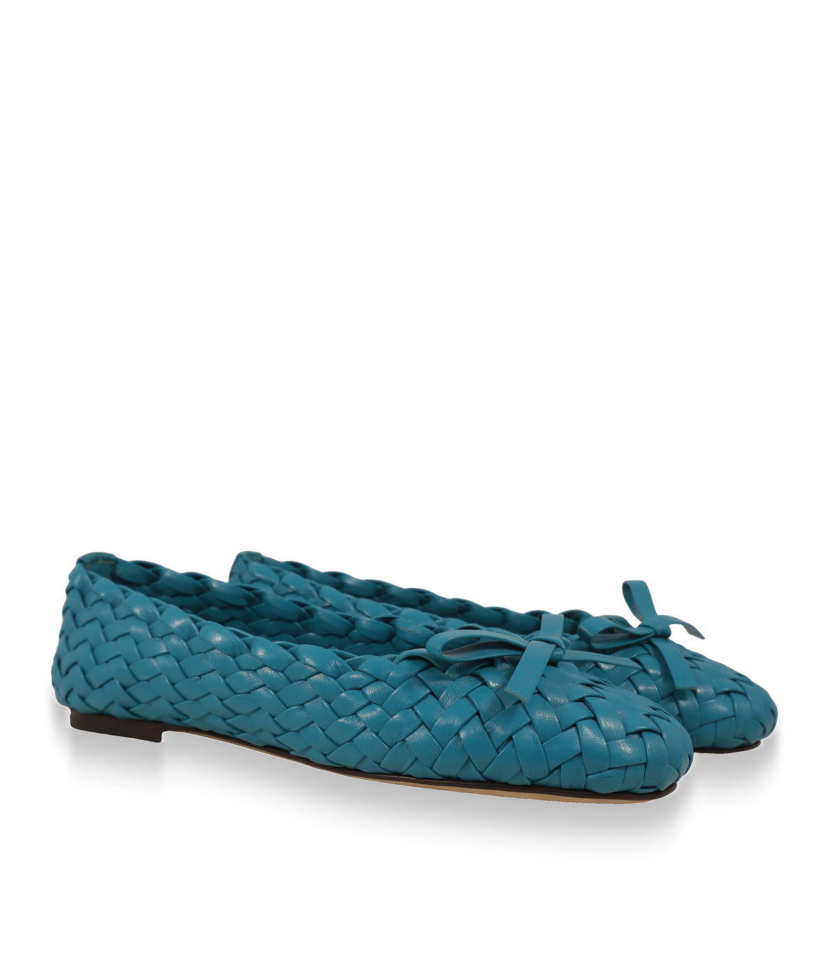 Türkisfarbene Dolce & Gabbana Ballerinas Größe 39 im Paar, Schrägansicht mit Lederschleife