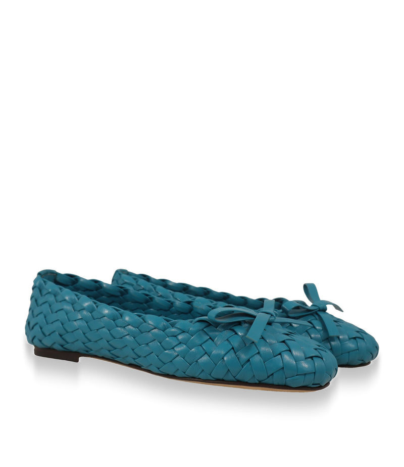 Türkisfarbene Dolce & Gabbana Ballerinas Größe 39 im Paar, Schrägansicht mit Lederschleife