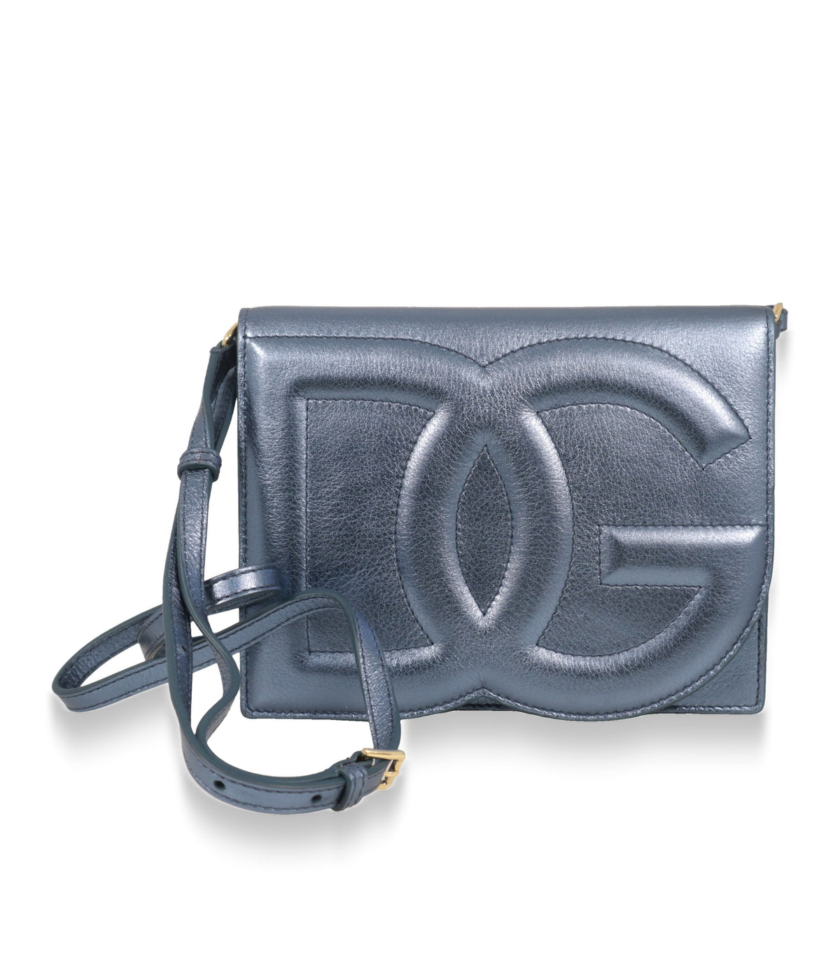 Dolce & Gabbana Umhängetasche Metallic-Blau mit verstellbarem Schulterriemen und goldfarbenen Beschlägen