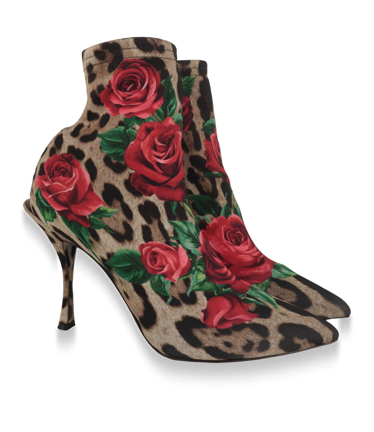 Dolce & Gabbana Stiefeletten Paar mit rotem Rosenprint auf Leopardenmuster