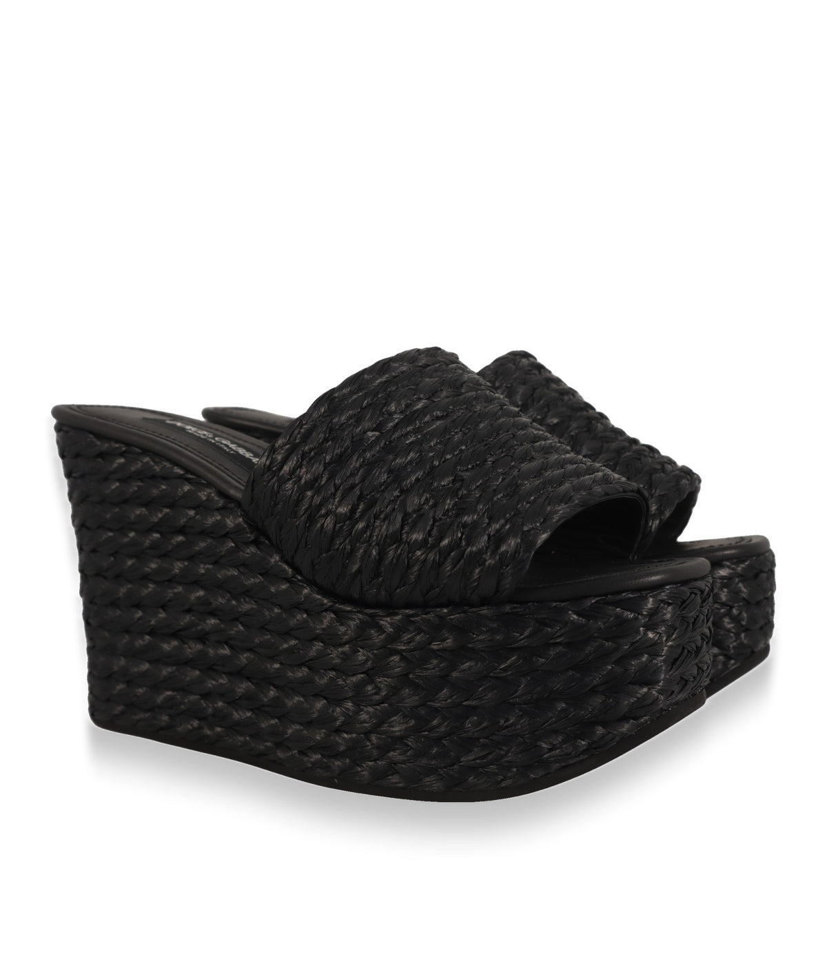 Schwarze Dolce & Gabbana Plateau-Sandalen aus Raffia, Dreiviertelansicht des Paares