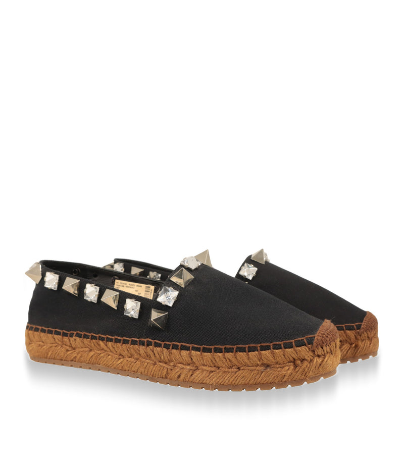 Dolce & Gabbana Espadrilles schwarz mit Kristall- und Pyramidennieten, Paaransicht schräg