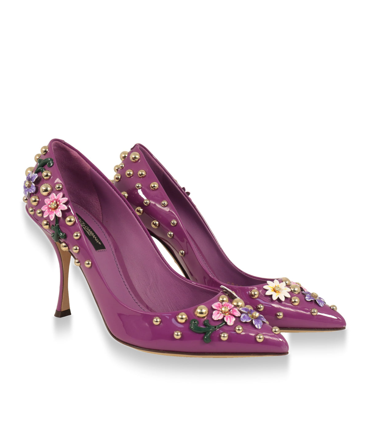 Dolce & Gabbana High Heels in Violett mit floralem Dekor und Stilettoabsatz, Paaransicht