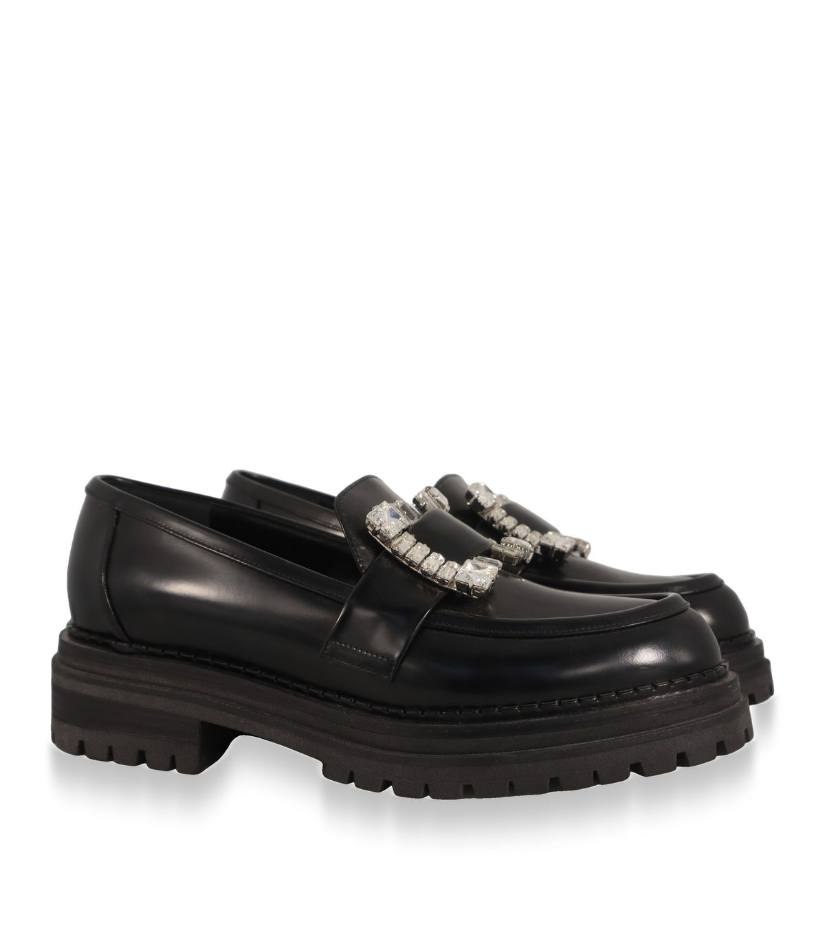 Sergio Rossi Damen Loafer schwarz mit silberner Kristallschnalle, Schrägansicht des Paares