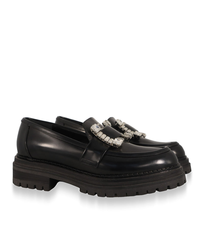 Sergio Rossi Damen Loafer schwarz mit silberner Kristallschnalle, Schrägansicht des Paares