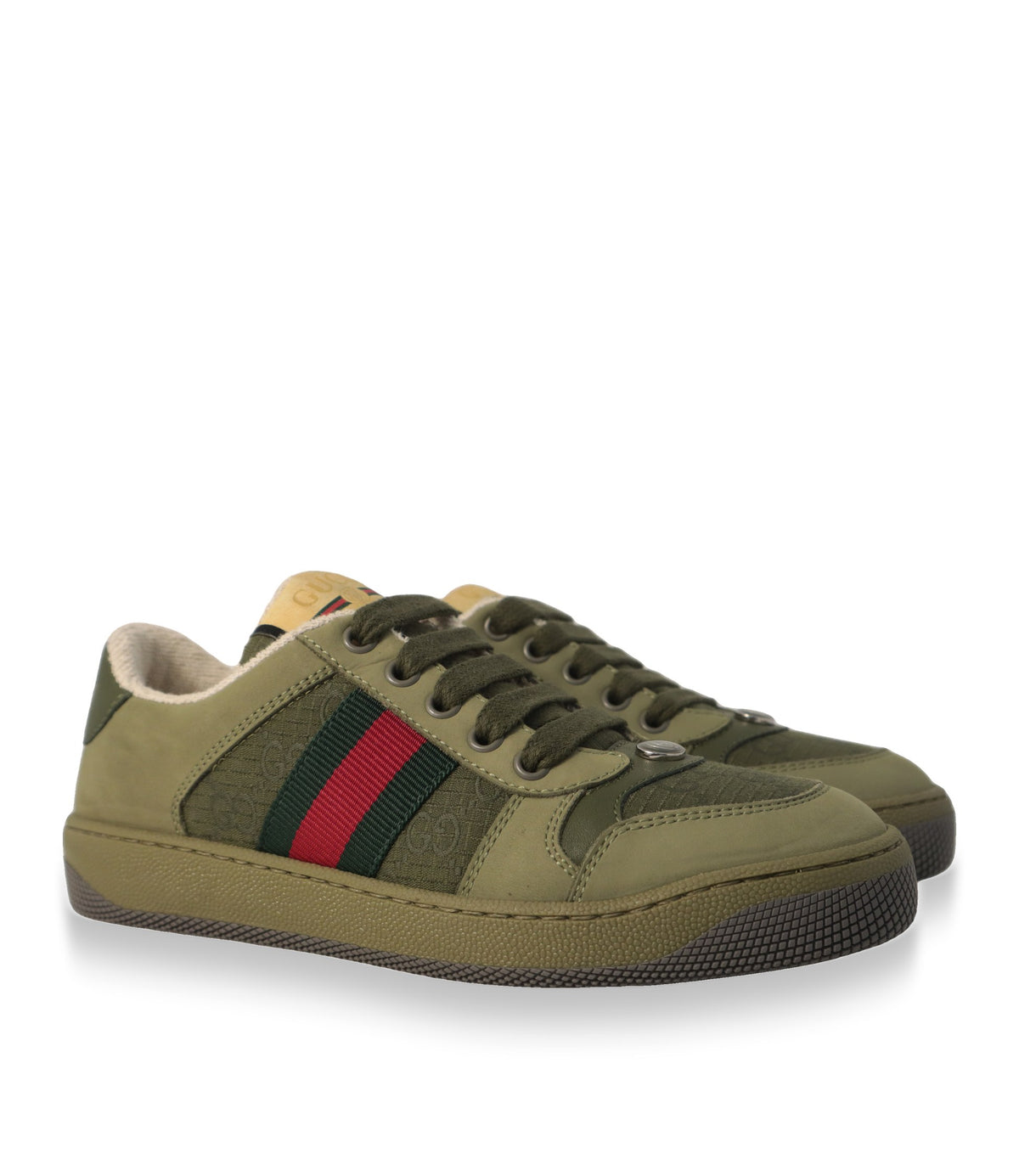 Gucci Sneaker Kinder in Olivgrün mit grün-rotem Webband, Dreiviertelansicht