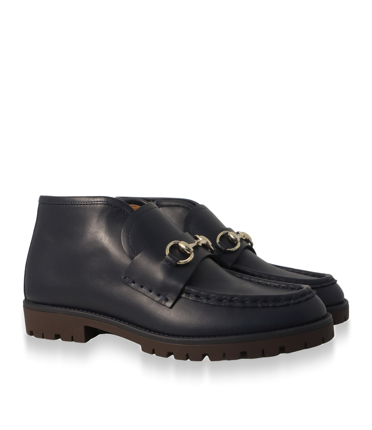 Gucci Stiefeletten Kinder in Marineblau im Paar, Dreiviertelansicht mit brauner Profilsohle