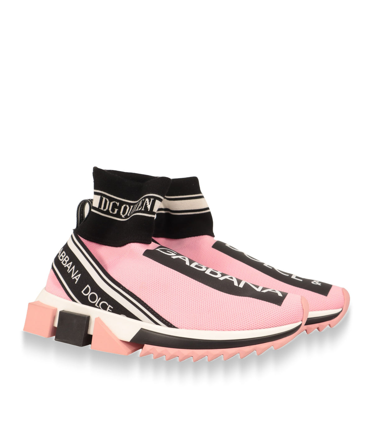 Dolce & Gabbana Sneaker Paar in Rosa mit DG Queen Strickschaft, Schrägansicht