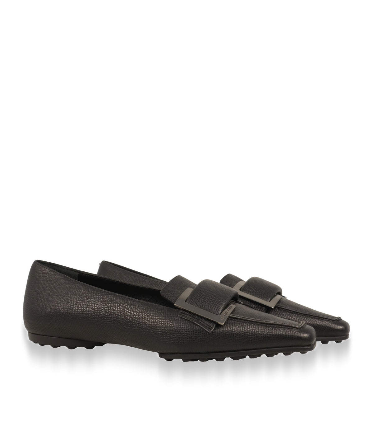 Sergio Rossi Loafer Paar in Schwarz mit polierter Metallspange, Schrägansicht