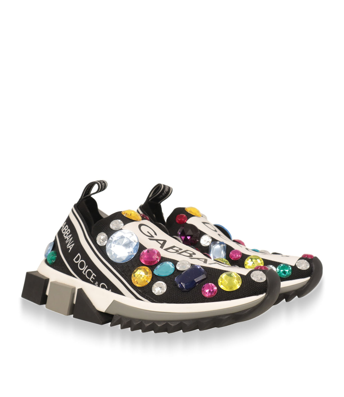 Dolce & Gabbana Damen Sneaker Paar in Schrägansicht mit Schmucksteinbesatz und weißer Blocksohle