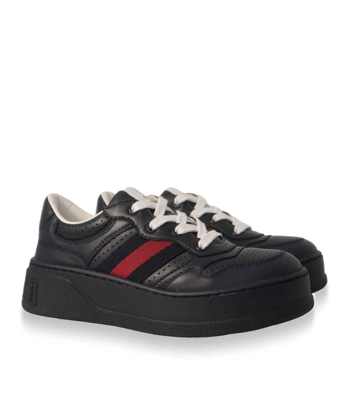 Gucci Kinder Sneaker aus Leder in Marineblau mit weißer Schnürung, Paaransicht schräg