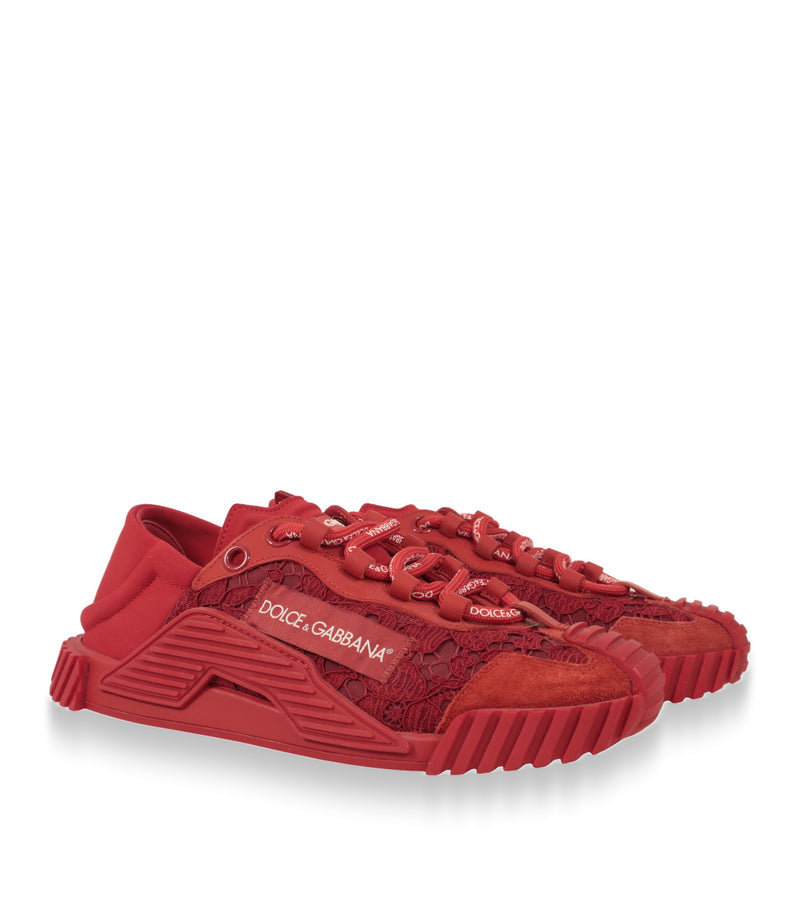 Rote Dolce & Gabbana Damen-Sneaker aus Spitze und Nylon im Paar, Dreiviertelansicht