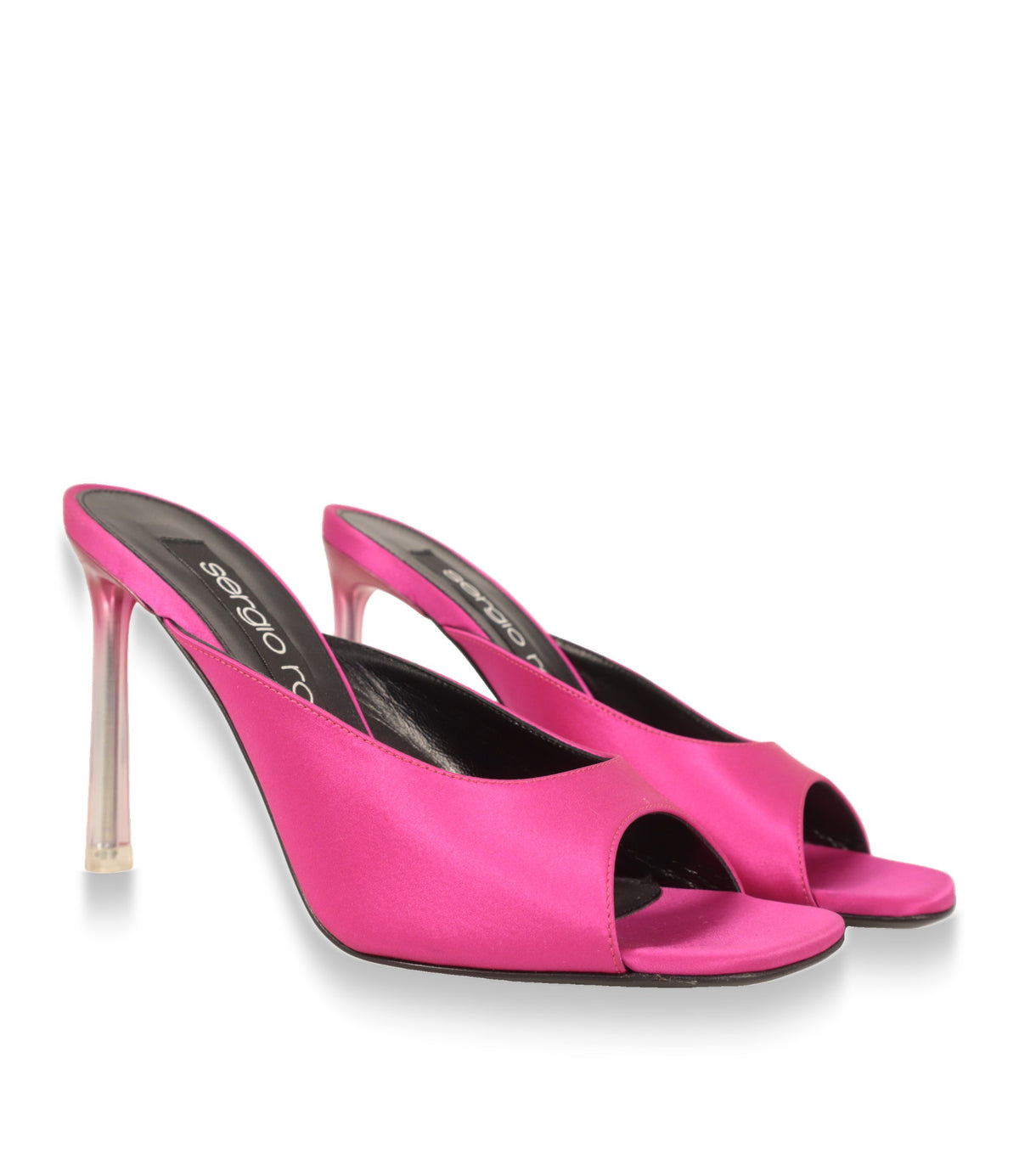 Sergio Rossi Mules Größe 37 in Pink, Paar in Schrägansicht mit hohem Plexi-Absatz