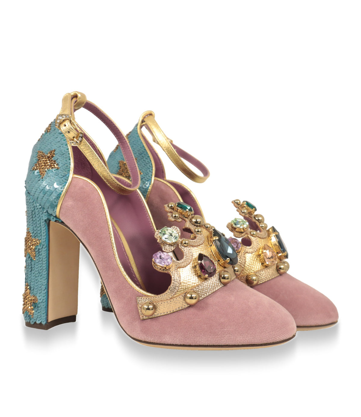 Dolce & Gabbana Damenschuhe Pumps aus Samt mit goldener Kronenapplikation, Paaransicht schräg