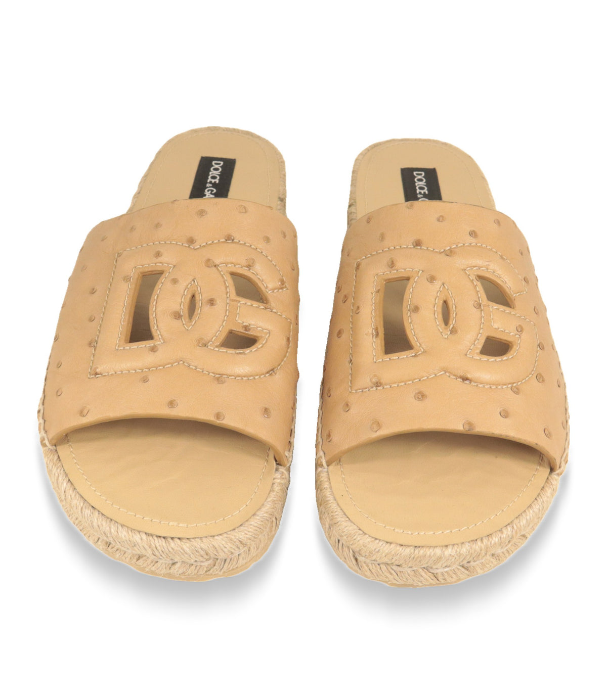 Dolce & Gabbana Espadrilles Paar von oben mit ausgestanztem DG-Logo und Lederfußbett