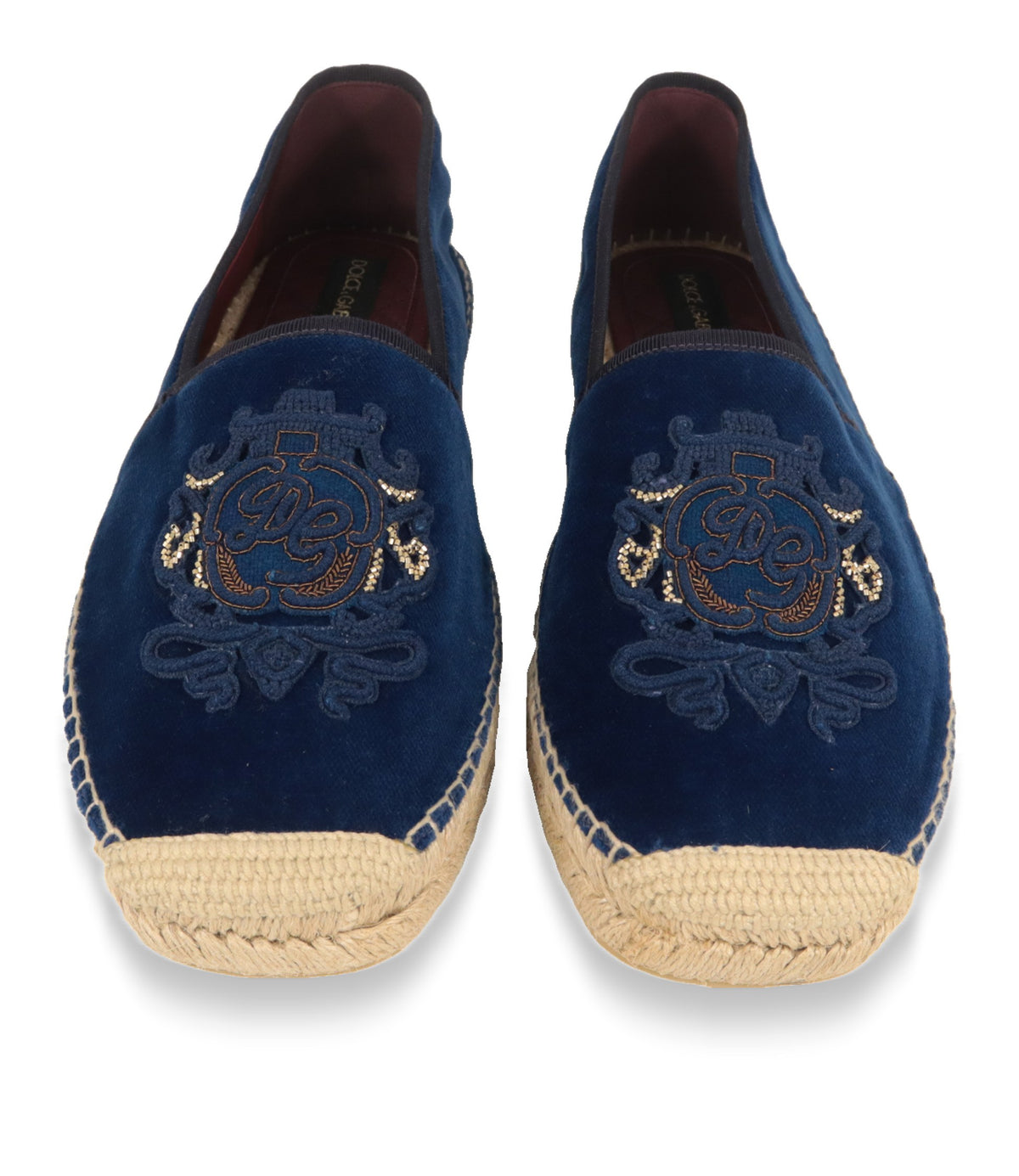 Dolce & Gabbana Espadrilles von oben mit besticktem Wappen-Patch und weinrotem Innenfutter