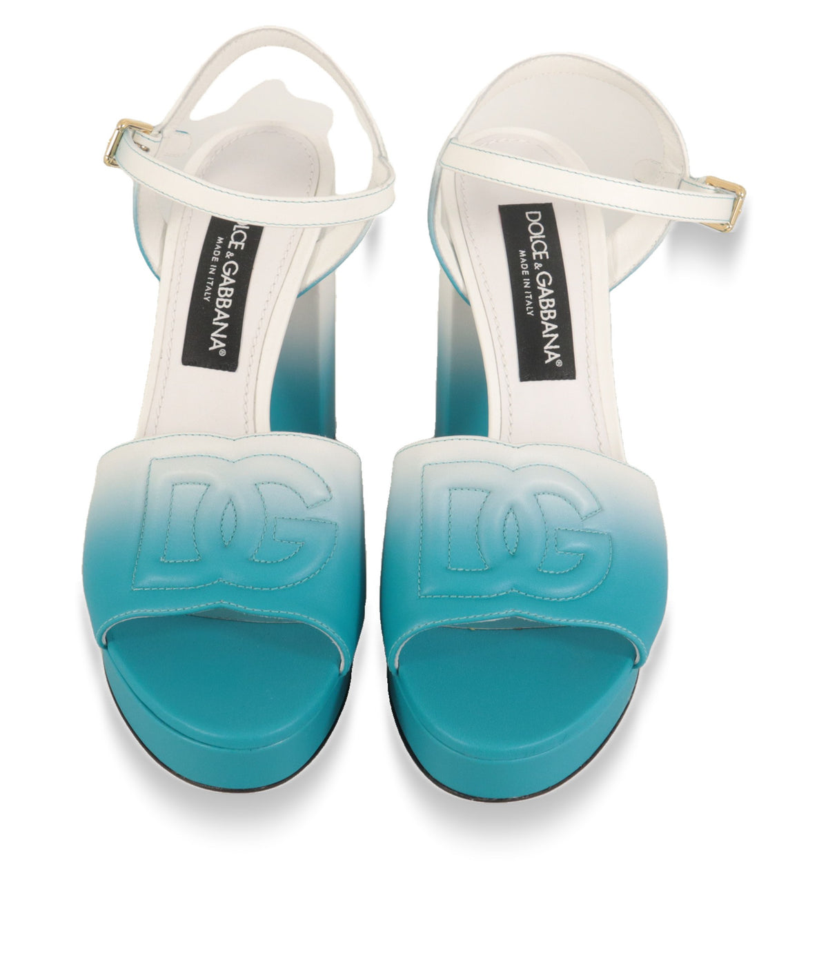 Dolce & Gabbana Plateau-Sandalen von oben mit abgestepptem DG-Logo auf dem Vorderriemen
