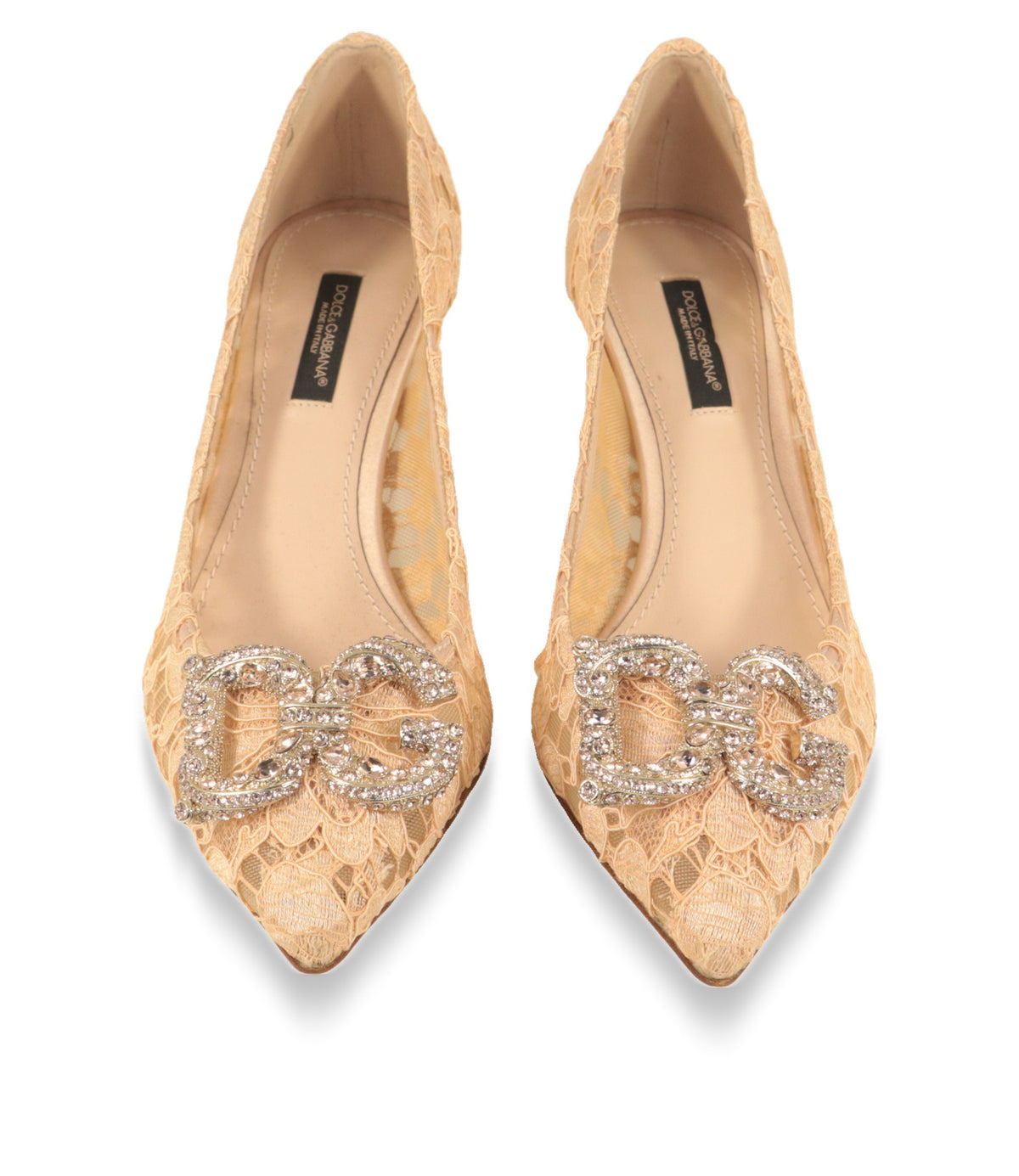 Dolce & Gabbana Spitzen-Pumps von oben mit DG-Kristallapplikation und Lederinnensohle
