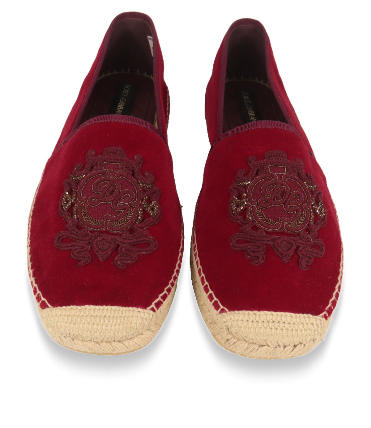 Dolce & Gabbana Espadrilles von oben, rotes Samtobermaterial mit Kristall-Stickerei