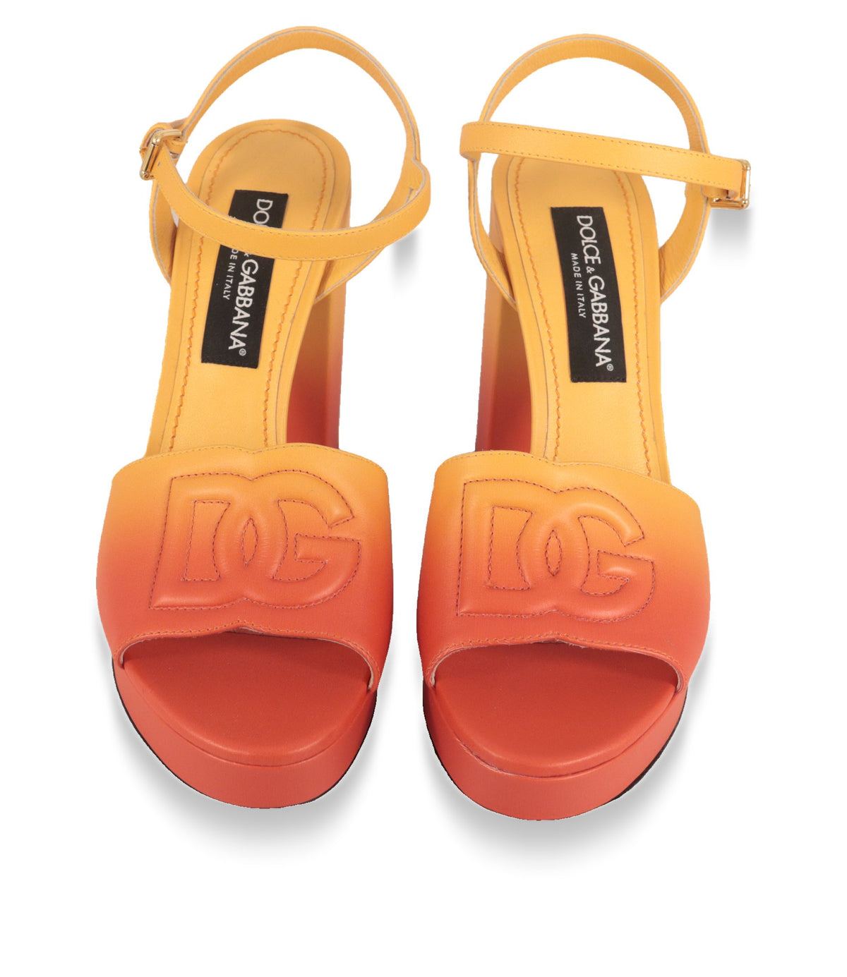 Dolce & Gabbana Plateau-Sandalen mit DG-Logo auf dem Riemen, Frontansicht von oben