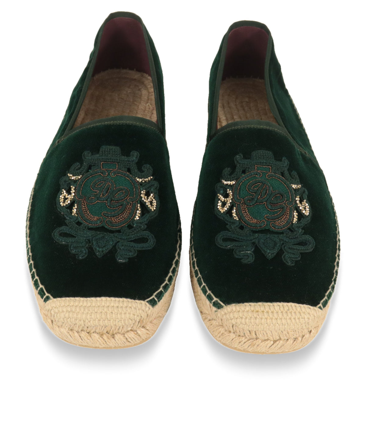 Dolce & Gabbana Espadrilles von oben mit goldfarbener Perlenstickerei und bordeauxrotem Innenfutter