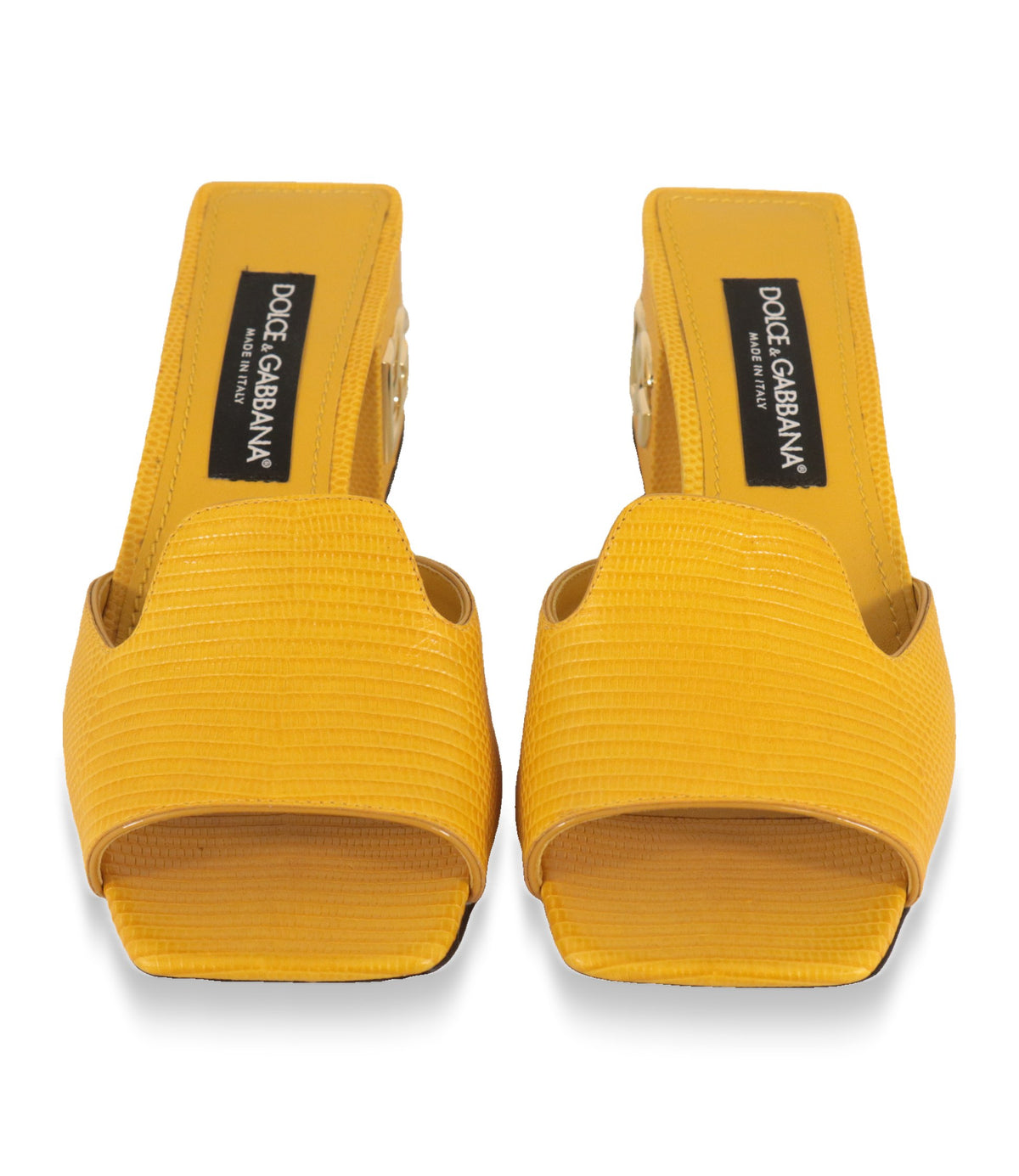 Dolce & Gabbana Mules Größe 39 in Gelb, Draufsicht auf Vorderriemen und Innensohle