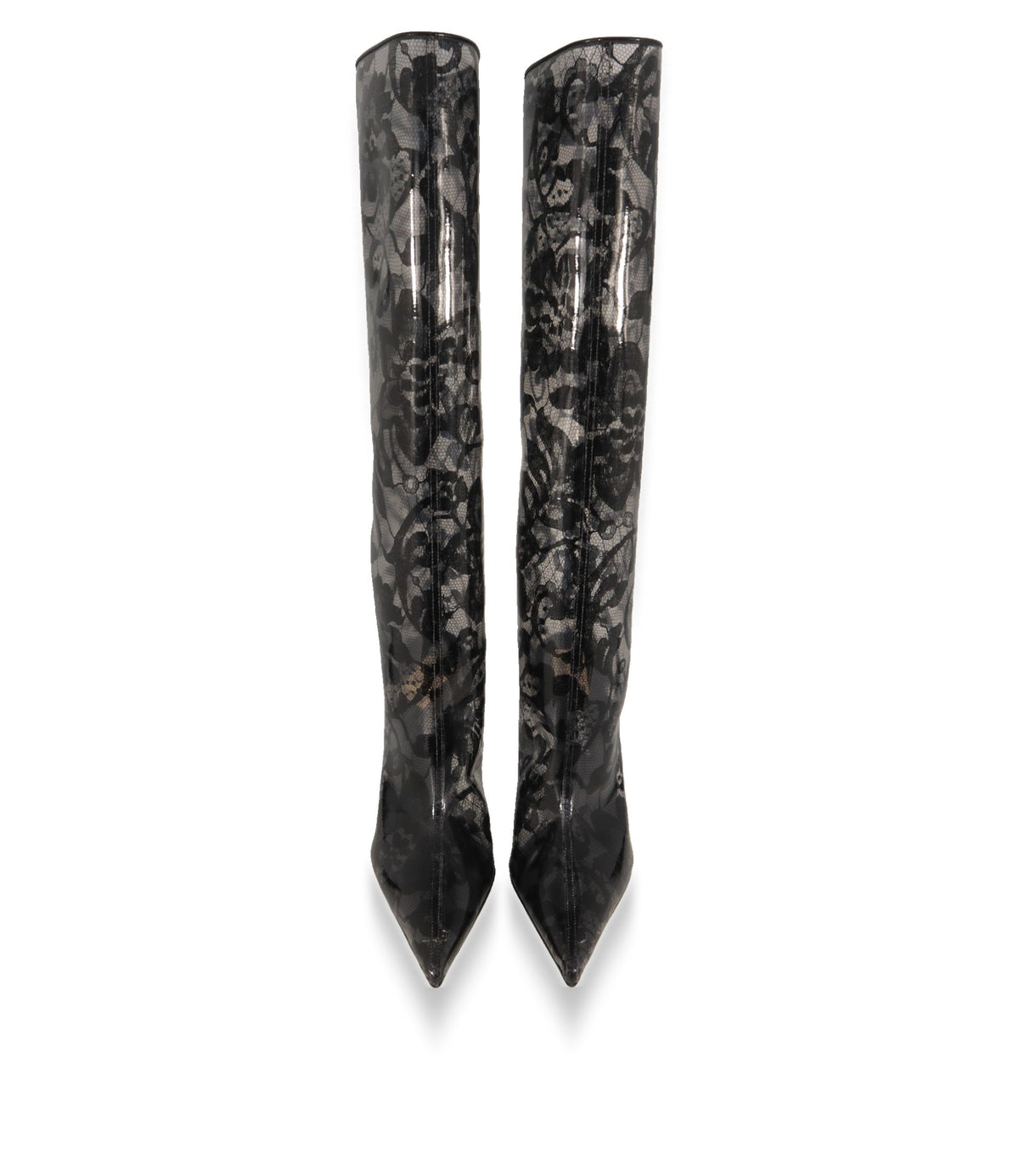 Dolce & Gabbana Stiefel Paar in Frontansicht mit spitzer Kappe und floraler Spitze
